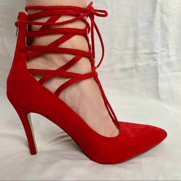 Red Lace up Heels - Picture 2 of 12
